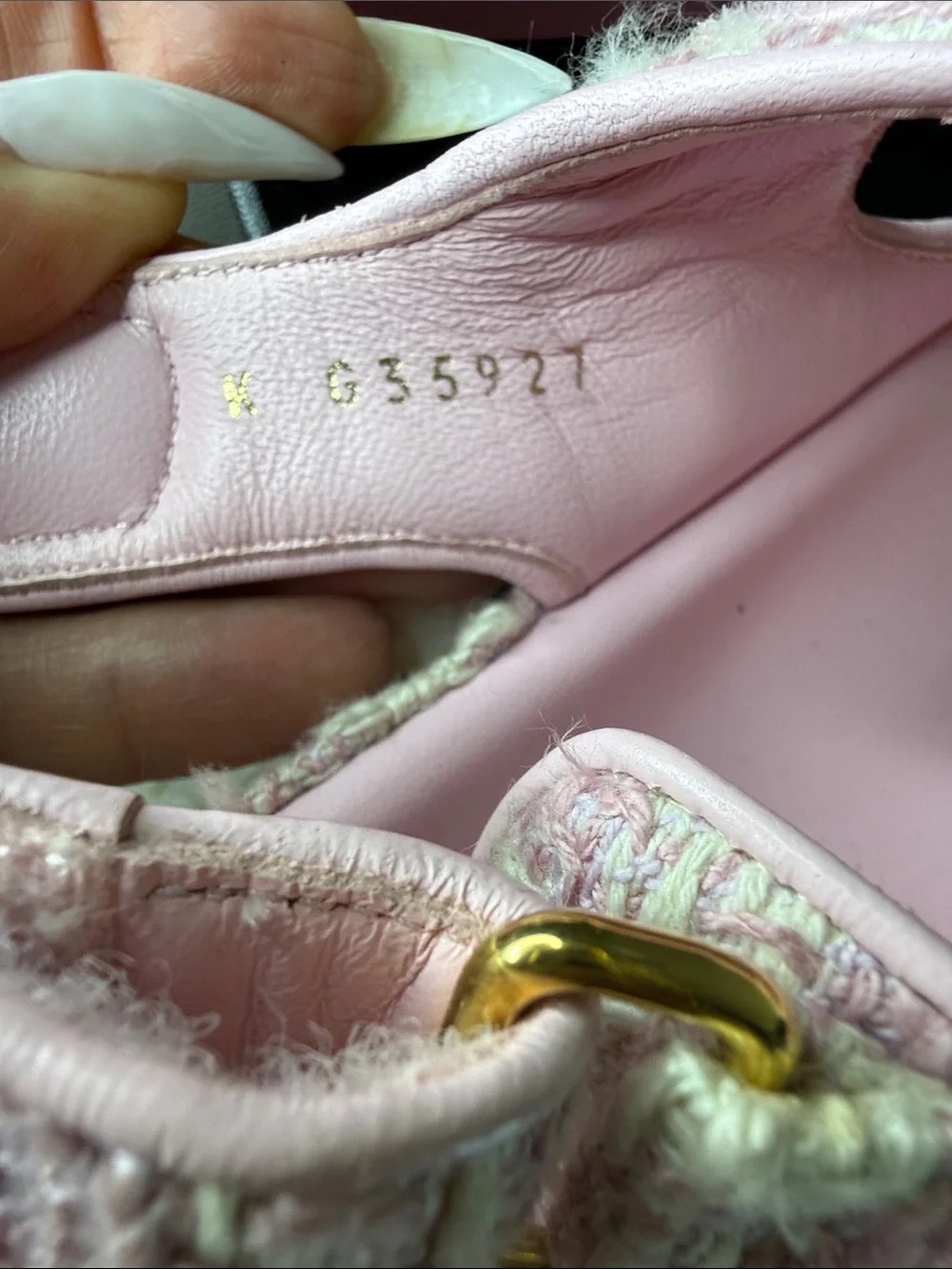 CHANEL Pink Tweed Women’s Sandals with Gold CC Buttons.